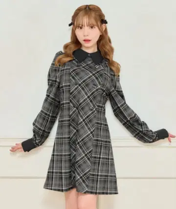 apres jour 체크 퍼프 슬리브 원피스 블랙