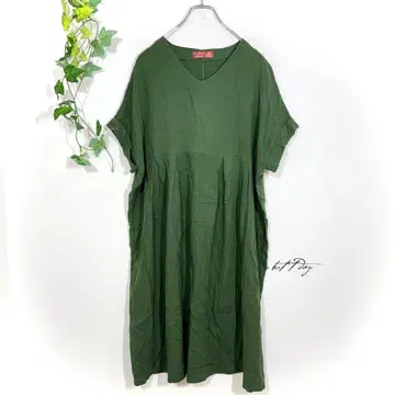 grn 원피스(F) 그린 반팔 턱 플레어 루즈핏 마 혼방 심플