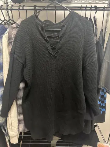 와플 원단 브이넥 긴팔 80s