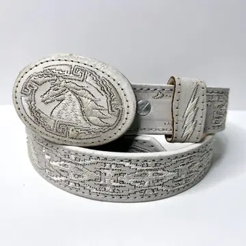 [ 빈티지 ] 천연 가죽 가죽 자수 웨스턴 벨트 바이커 버클 화이트