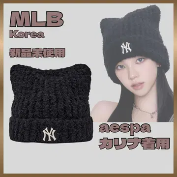 [ 새상품 ] MLB Korea 카리나 착용 고양이 귀 니트 모자/블랙