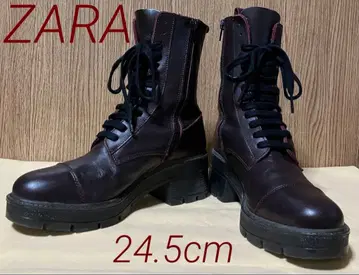 [ ZARA ] 천연 가죽 레이스업 부츠 24.5cm 보라색/홍차