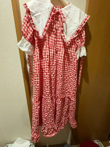 쿠틸과 레트로 깅엄 체크 원피스 (빨간색)