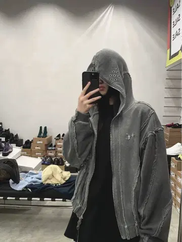 y2k 그레이 후드 부착 데님풍 후드티 opium