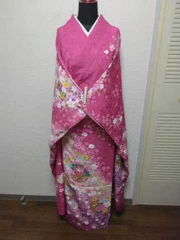 꽃무늬 핑크 후리소데 순수 실크