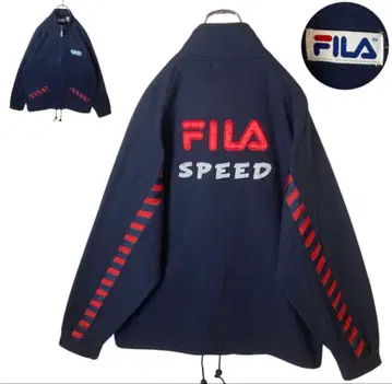 굿 디자인 구제 의류 FILA 빅 로고 자수 플리스 블루종 루즈한 사이즈