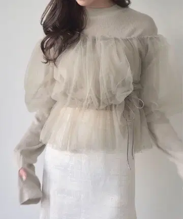 튤 블라우스 세트 니트 베이지