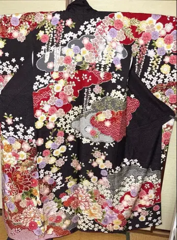 검은빛 자주색 등나무 모란 금실 꽃 무늬 후리소데 기장 159