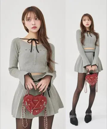 허리 오픈 리본 디자인 니트 미니 원피스 그레이