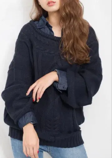 Roger&Raw/케이블 니트/오프숄더/페이크 데님 카라 셔츠/LL