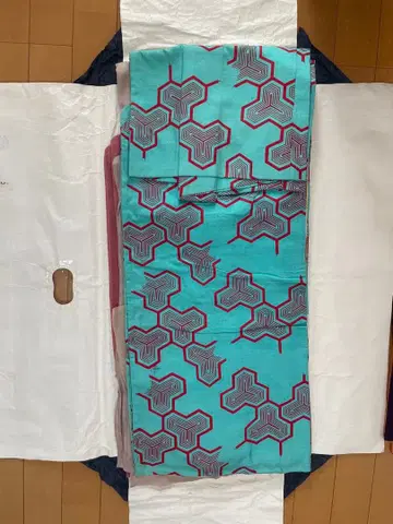 [ 쇼와 초기 빈티지 ] 기하학 패턴 스카이블루 빨간색 무늬 코몬 기모노