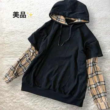 새상품급 슈 레이어드 후드티 백 디자인 체크 무늬 블랙 레이어드 스타일