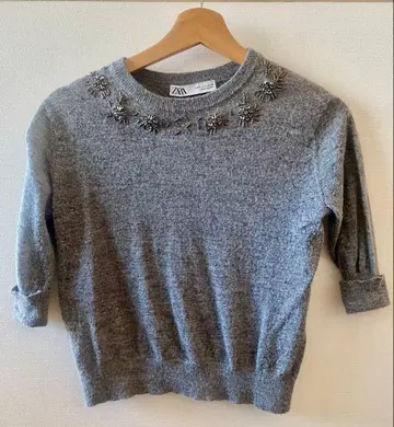 ZARA 비쥬 5부 기장 니트탑 그레이