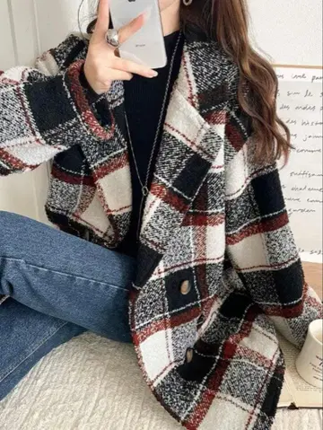 mily bilet 기모 부클 체크 무늬 더블 자켓 코트