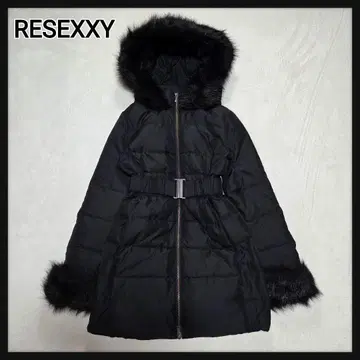 RESEXXY 다운 코트 벨트 포함 인조 모피 포함 블랙