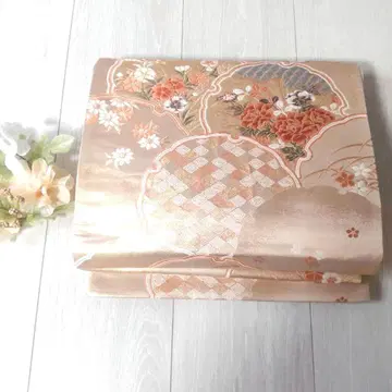 새상품급 후쿠로 오비 골드 핑크 꽃 마름모 무늬 고급 기모노 리메이크용