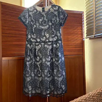 Super Bean 네이비 레이스 반팔 무릎 아래 원피스