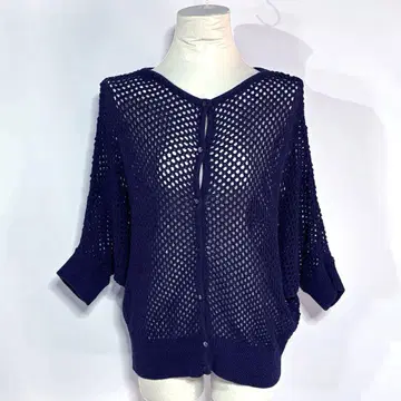 이네드 INED 마 혼방 시스루 니트 돌먼 가디건 네이비 체형 커버 9