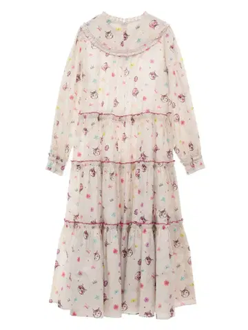 PINK HOUSE 주얼리 캣 프린트 프릴 개더 롱 원피스