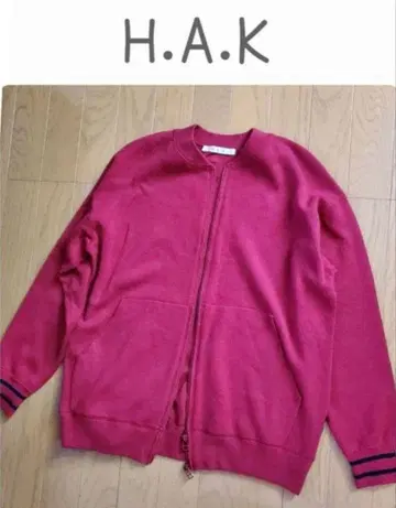 H.A.K 하크 니트 더블 지퍼 블루종 빨간색 소가죽 패치 레드 가디건