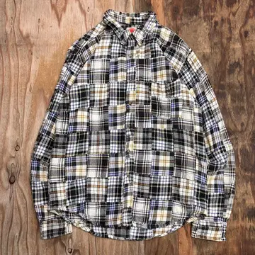 90s 패치워크 헤비 플란넬 셔츠 블루 그레이 vintage 인도 면