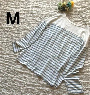 보더 티셔츠 긴팔 오버 사이즈 코튼 100% 화이트/연한 스카이블루 M