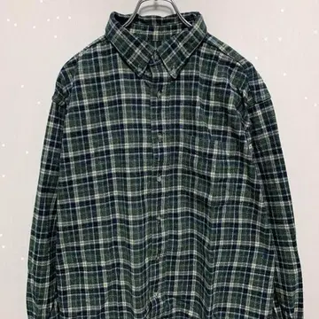 L.L.Bean 체크 긴팔 셔츠 그린 코튼 100% 구제 의류 XL