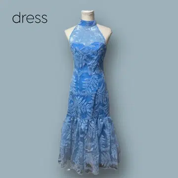 2487 [ used ] 원피스 드레스 블루 보태니컬 무늬 하이넥