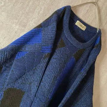 빈티지 총 패턴 니트 두꺼운 디자인 니트 와이드 소매 파랑 블랙 일본제