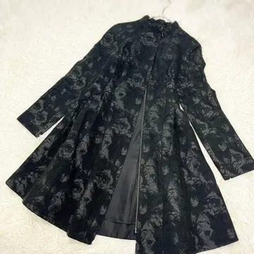 나넷 레포 자카드 플레어 롱 코트 더블 지퍼 레이스 블랙 올 패턴