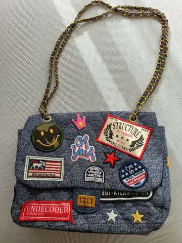 데님 퀼트 숄더백 (와펜 포함)