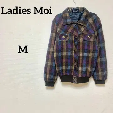 Ladies Moi 체크 무늬 울 혼방 브라운 계열 빈티지 자켓