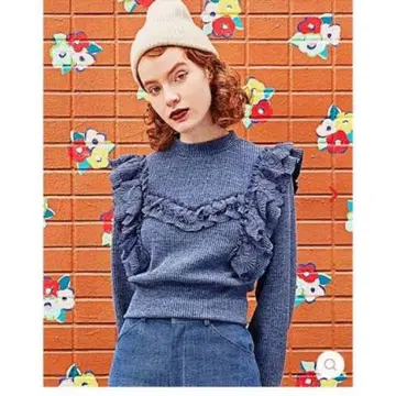 POPPY 레이스 프릴 리브 니트 프리 사이즈 블루 아사기니뇨