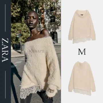 ZARA 레이스 콤비 니트 스웨터 M 에크루 새상품