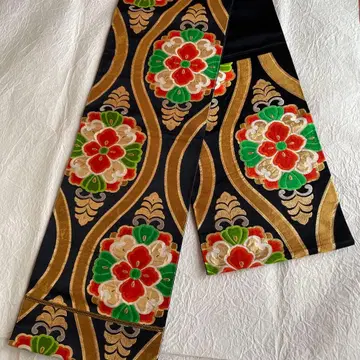 순수 실크 니시진 후쿠로 오비 블랙 베이스 꽃무늬 금 무늬