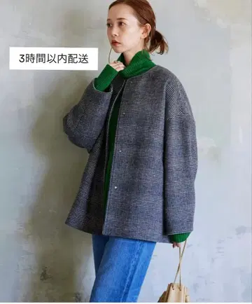 새상품급 JOURNAL STANDARD 비버 노카라 숏코트 체크