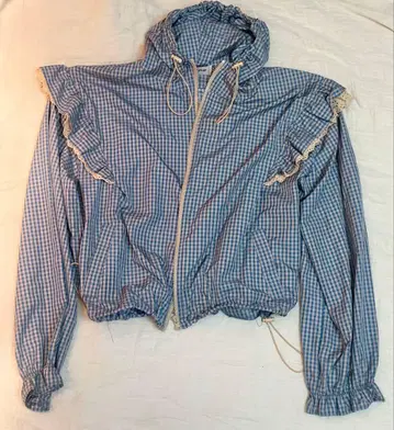 POPPY 프릴 나일론 후드티 블루 깅엄 체크