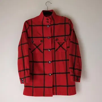 구제 의류 체크 무늬 피코트 빨간색 체크 무늬 스탠드 카라 모 93%