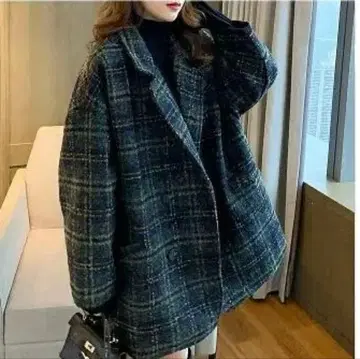 네이비 체크 무늬 한국 패션 아우터 코트 하프 코트 긴팔 옷깃