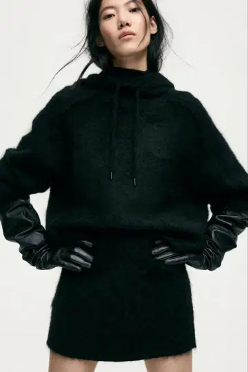 택 포함 새상품 H&M 모헤어 블렌드 후디드 상의 블랙 S