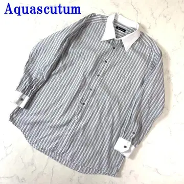 Aquascutum 긴팔 셔츠 그레이 화이트 스트라이프 면 L C2395