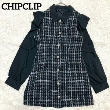 펄 트위드 프릴 소매 원피스 M 긴팔 깔끔하고 귀여운 블랙 공주 미니