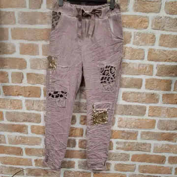 이탈리아 팬츠 스팽글&레이스&레오파드 무늬 배색 퍼플 핑크