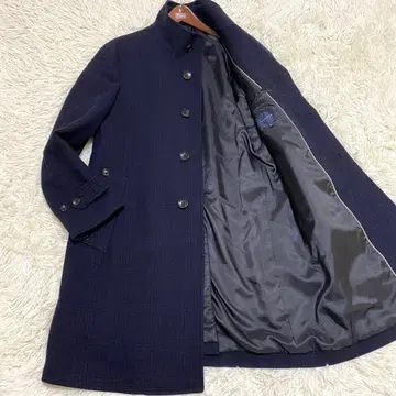 [새상품급] 타카큐 캐시미어 혼방 스탠드 카라 코트 글렌체크 네이비 XL