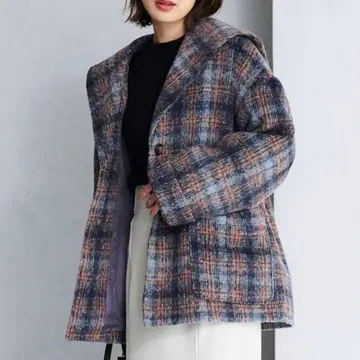 비자비 비스 울리쉬 샤기 체크 무늬 세일러 카라 미들 기장 코트