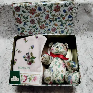 미사용 MINTON 하돈 홀 패턴 테디베어 & 손수건 틴 케이스 포함