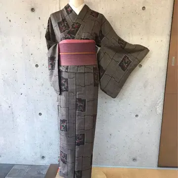 본고장 오시마 명주 브라운 진흙 이중 기모노