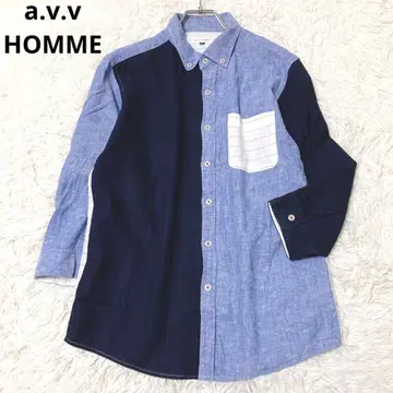 아베베홈 긴팔 셔츠 상의 가슴 포켓 린넨 코튼 배색