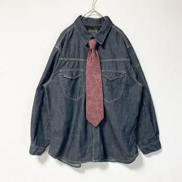 넥타이 셔츠 데님 셔츠 LL 구제 의류 긴팔 셔츠 파랑 빨간색 메쉬