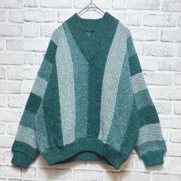 니트 스웨터 V넥 굵은 스트라이프 일본제 그린